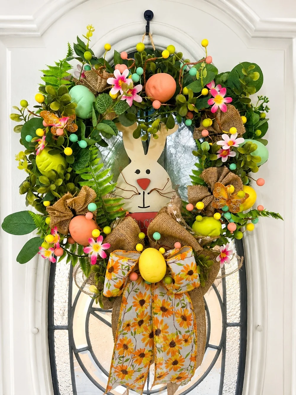 Spring Bunny Easter Wreath with Pastel Eggs - Home Holiday Decor